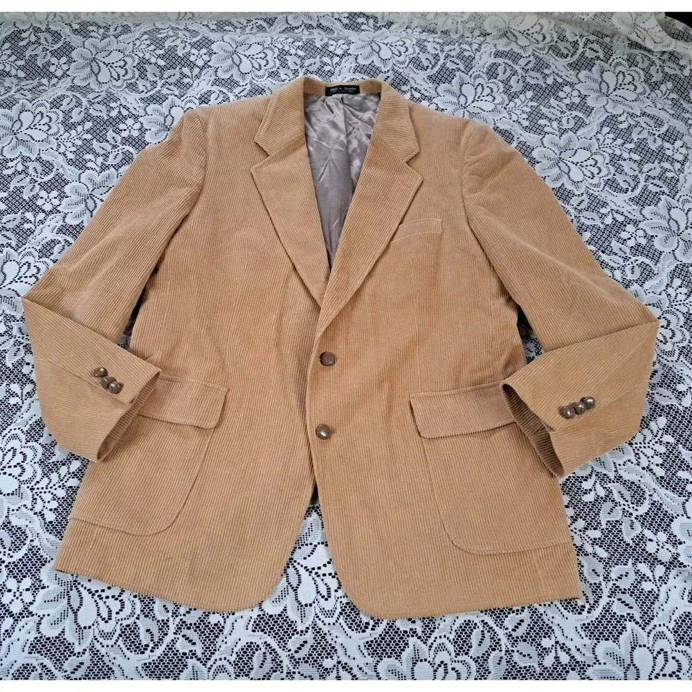 Corduroy Blazer Men's‎ 44L Tan Brown Two Button Elbow Patches Single Vent Preppy